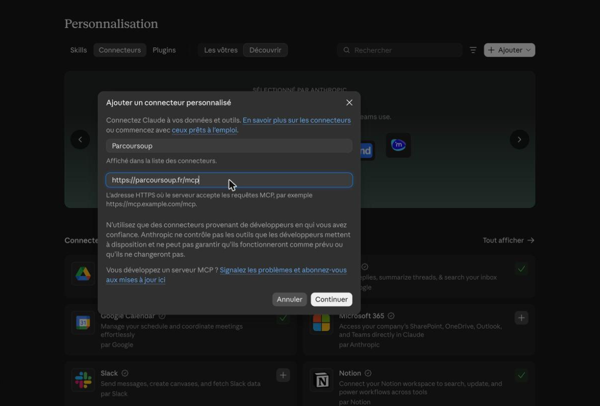 La fenêtre « Ajouter un connecteur personnalisé » de Claude, avec le nom Parcoursoup et l'adresse https://parcoursoup.fr/mcp